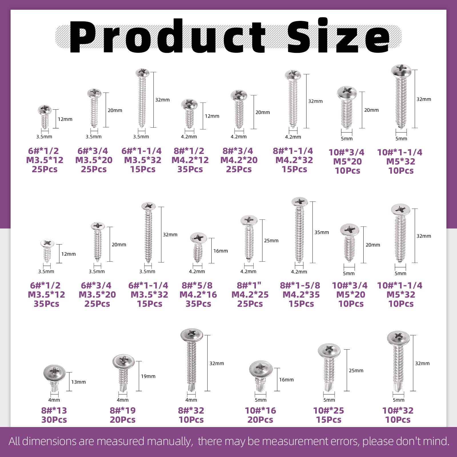 Swpeet 435Pcs 3 Types #6#8#10 SAE 304 Stainless Steel Round Pan Head and Phillips Flat Head Self Tapping Sheet Metal Screws Wood Screws with 410 Stainless Steel Truss Head Fast Self