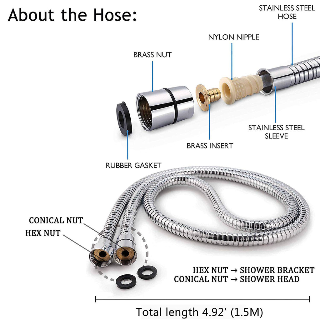 Shower Head, High Pressure Handheld Showerhead with Hose, 5 Settings Chrome Finished Hand Held Rainfall Shower Set- Including Bracket Teflon Washer