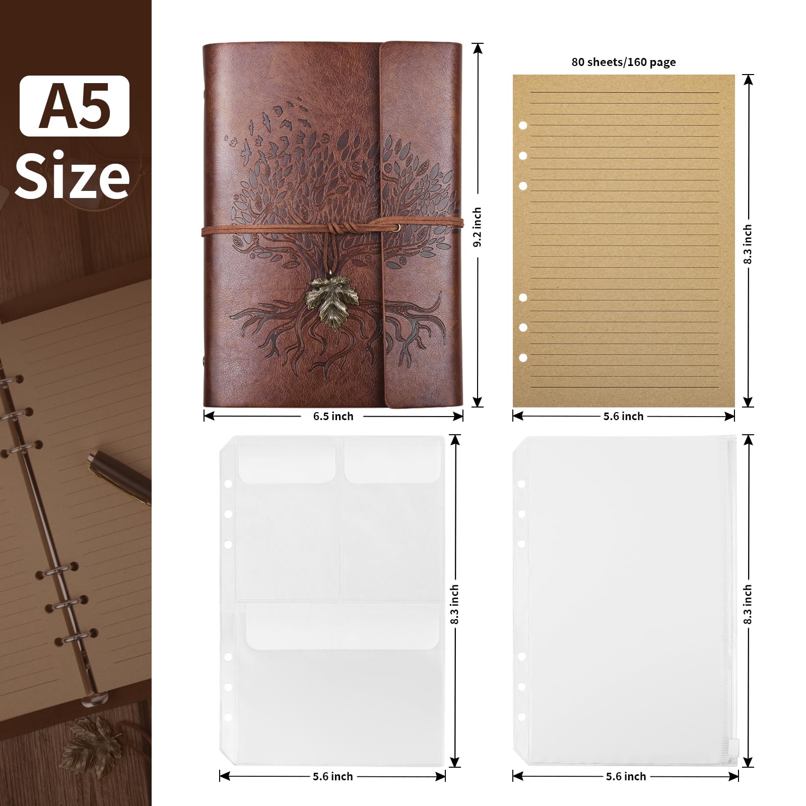 PU Leather Journal Notebook, Refillable Travel Vintage Writing Journals Diary, Gifts for Women, Men, Teen Girls and Boys, 100GSM Lined Paper,160 Pages(Brown, A5 9.2" x 6.5")