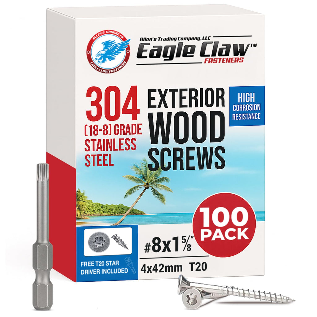 #8 x 1 5/8 Inch Stainless Steel Wood Screws | 304 Grade (100 Pack) | Flat Head T20 Star Torx Drive | Exterior Wood Screws by Eagle Claw Fasteners | Corrosion & Rust Resistant (Includes Driver Bit)