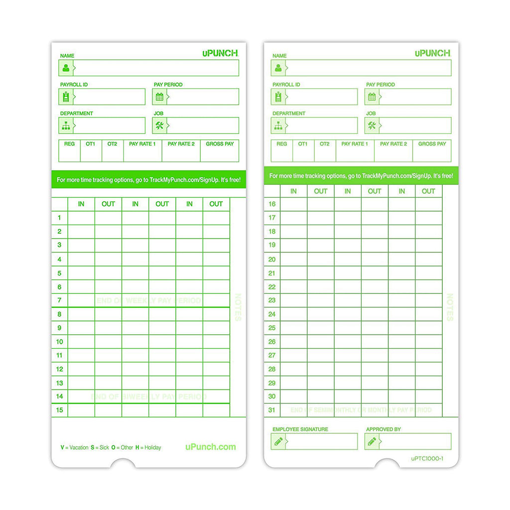 100 uPunch Time Cards for HN3000