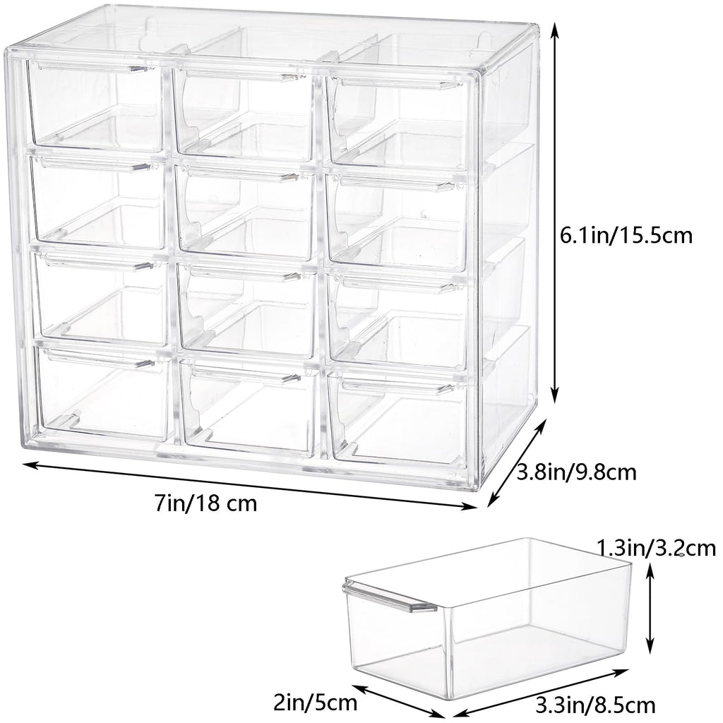 YOUEON 2 Pack Mini Desk Organizer with 12 Removable Drawers, Clear Plastic Desktop Drawer Organizer, Desk Craft Storage Box for DIY Crafts, Art Supply, Office, Cosmetic, Jewelry