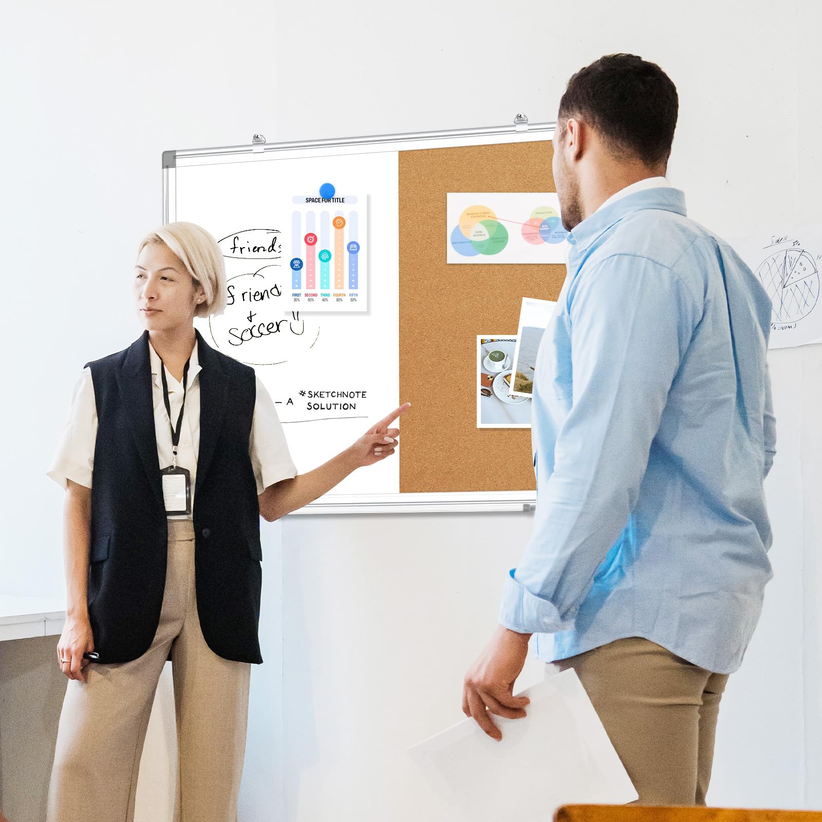 AMUSIGHT Double-Sided Combination Magnetic White Board & Cork Board, 24" x 18" Dry Erase Board & Cork Board Combo for Wall, Hanging Whiteboard for Planning, Kitchen, Memo, School, Home, Office