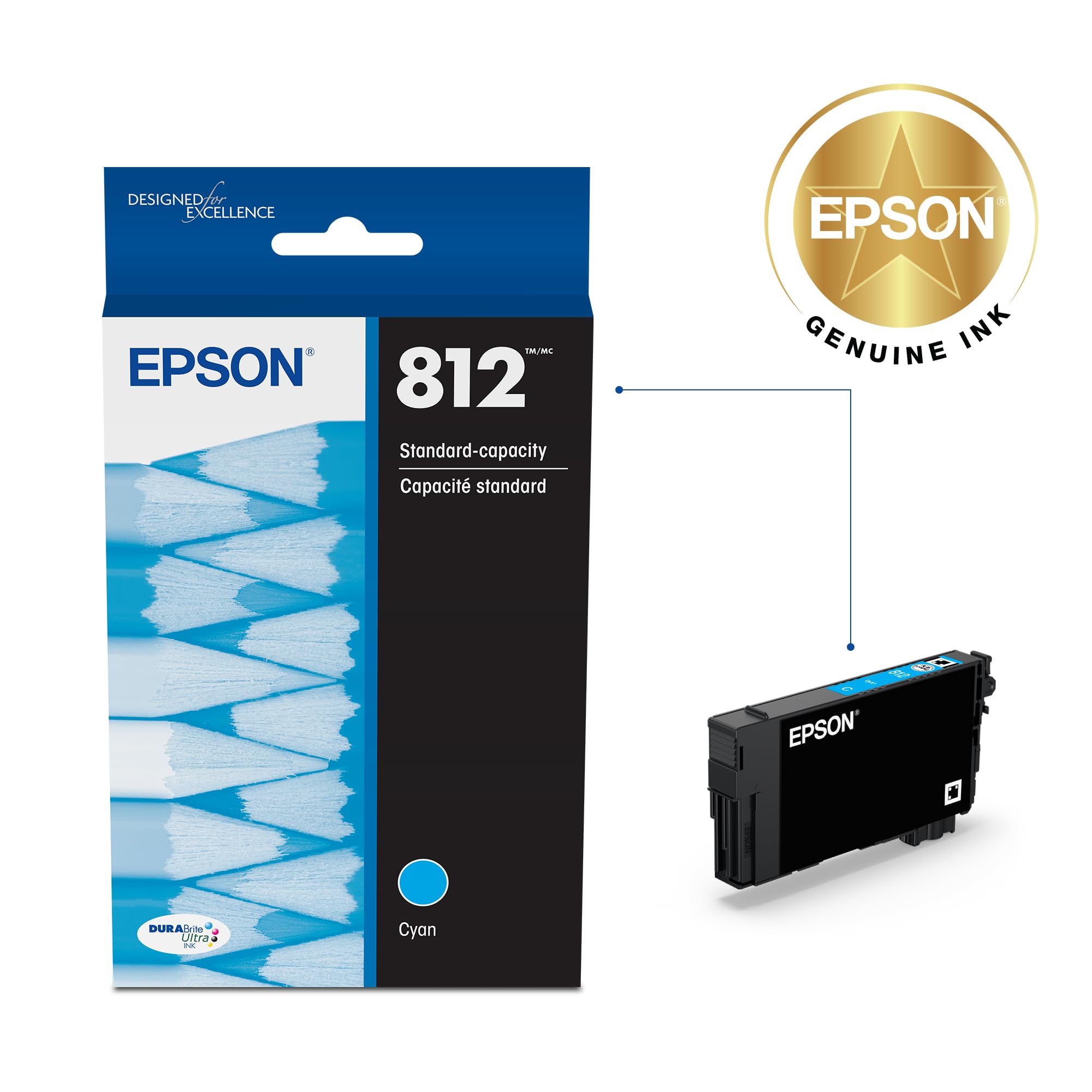 Epson 812 DURABrite Ultra Ink Standard Capacity Cyan Cartridge (T812220-S) Works with Workforce Pro WF-7310, 7820, 7840, EC-C7000