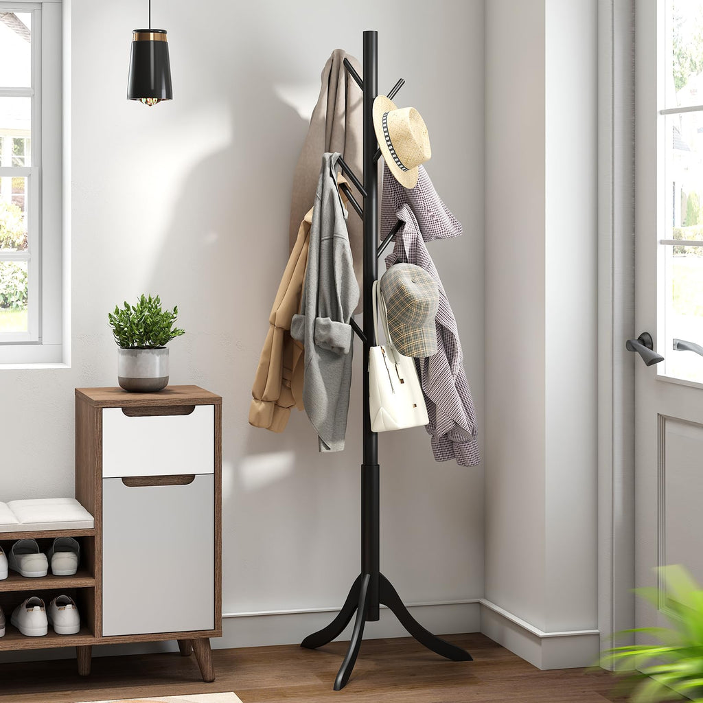 Black Coat Rack Stand, Bamboo Wood Coat Tree with 8 Hooks, Hallway Entryway Hat Hanger Organizer Standing for Bedroom, Office, Clothes, Jackets, Bags, Umbrellas