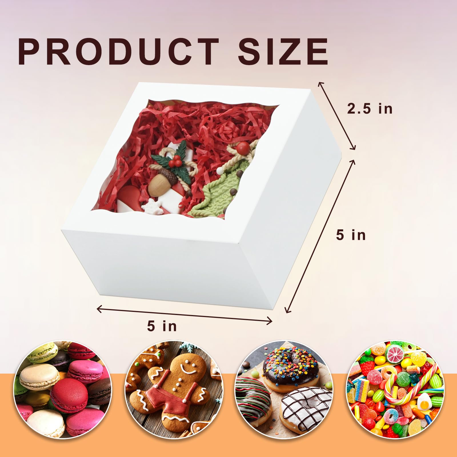 JOHOPACK 50 Pack 5x5x2.5 Inch Bakery Boxes, Cookie Boxes with Window Treat Boxes Chocolate Covered Strawberries Boxes for Macaroon Dessert Cupcake Pastry Muffins