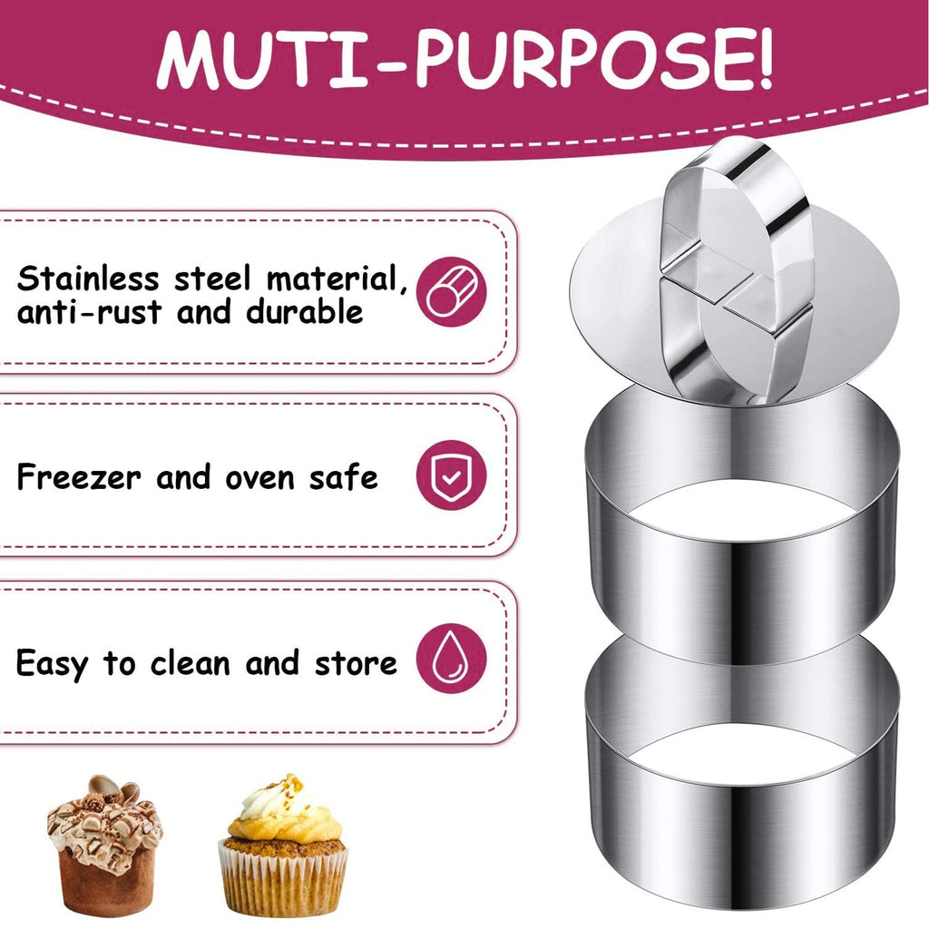9 Pack Stainless Steel Round Cake Mousse Mold with Pusher,Small Round Pastry Cake Baking Rings,Round Cake Mold Rings for Home Kitchenware (3.15" in Diameter)