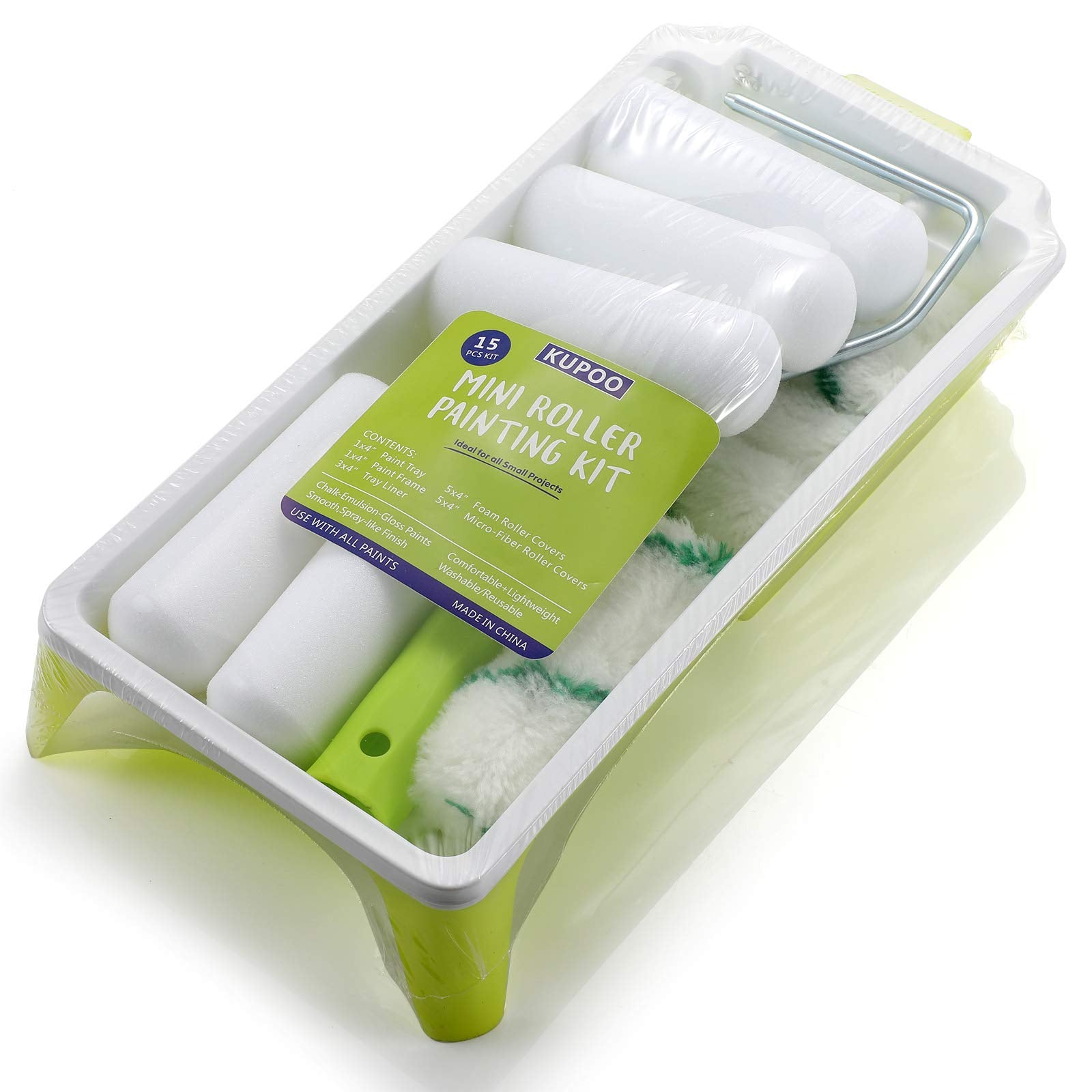 Foam Paint Roller Tray Set,4-Inch Mini Roller Cover Refills with Frame, Paint Tray, Liners, High-Density Foam Small Roller Naps, Bathtub Refinishing Sponge Roller Kit(15Pcs)
