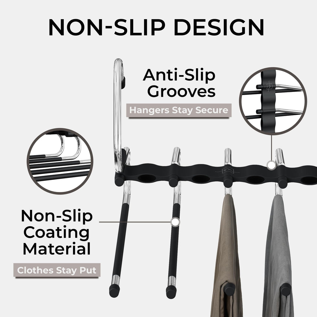 MORALVE Pants Hangers Space Saving - 4 Pack - Non-Slip Multi-Layer Space Saving Hangers - Multifunctional Clothing Rack for Closet Storage - Ideal for Jeans, Trousers, Skirts, Scarves & Slacks (Black)