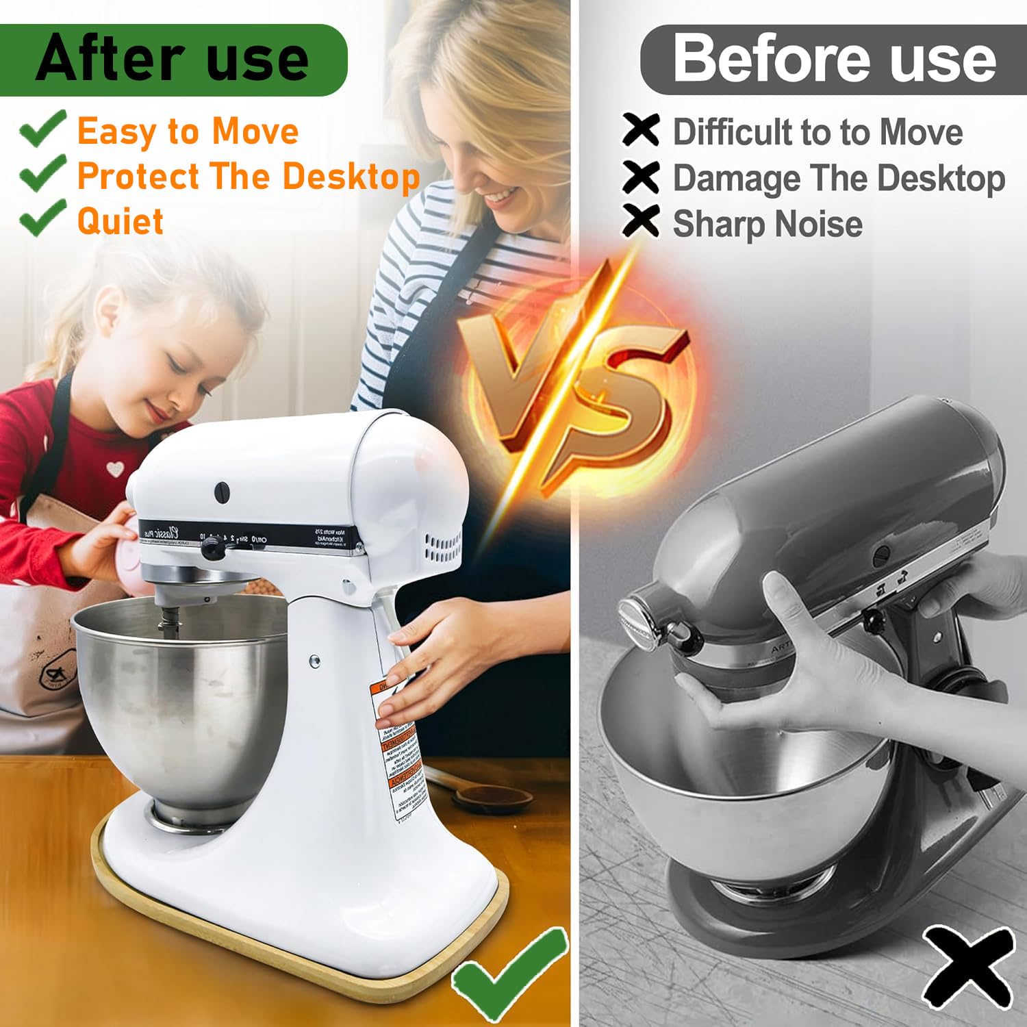 Vikarland Bamboo Mixer Slider for KitchenAid 4.5-5 Qt Tilt Head Stand Mixer Moving Tray Slide Mat for KitchenAid Artist Stand Mixer Attachments Sliding Tray