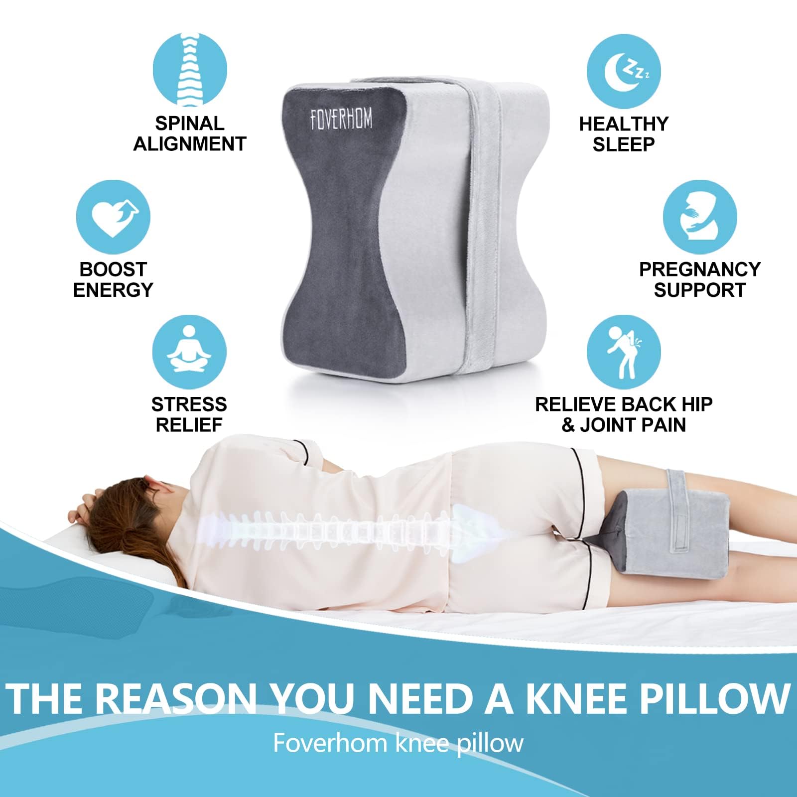 Foverhom Memory Foam Knee Pillow,Orthopedic Leg Pillow for Sciatica Relief,Back Pain, Pregnancy, Leg Pain, Hip Pain and Sciatica Relief
