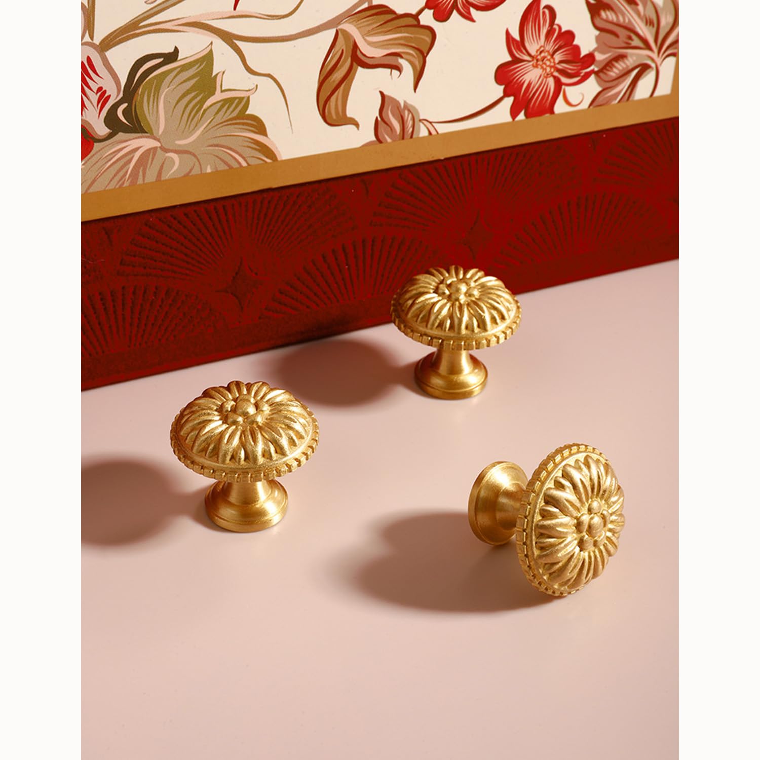 HIZEFSOO 4PCS Gold Brass Drawer Knobs - Solid Copper - Gold Brass Cabinet Knobs – Decorative Knobs - Vintage Antique Flower Round Brushed Gold Solid Brass Drawer Cabinet Dresser Knob Pull Handle