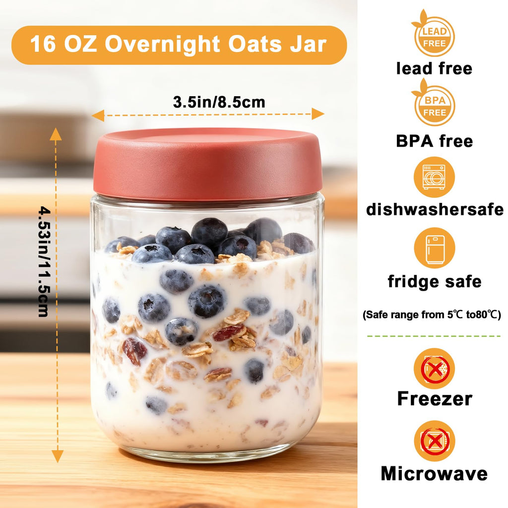 Overnight Oats Jar,4 Pack 16OZ Overnight Oats Containers with Lids,Reusable Wide Mouth Mason Jars Glass Jar for Fruit, Yogurt, Snacks,Salad Dressing, Pasta,Sugar -Leak Proof (500 ml)