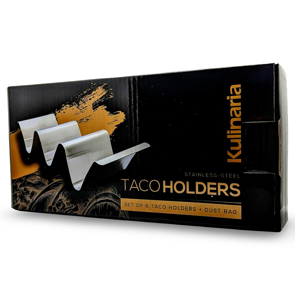 Kulinaria 6 Pack Stainless Steel Taco Holders + Cloth Dust Bag | Each Rack Holds 2 or 3 Tacos | Holders Work with Soft Shell and Hard Shell Tacos