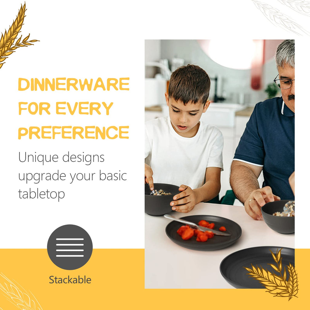 Teivio 32 Piece Kitchen Plastic Wheat Straw Dinnerware Set for 8, Dinner Plates and Bowls Set, Cups, Unbreakable Dishwasher Outdoor Camping RV Essentials Dishes, Black Vaisselle Cuisine