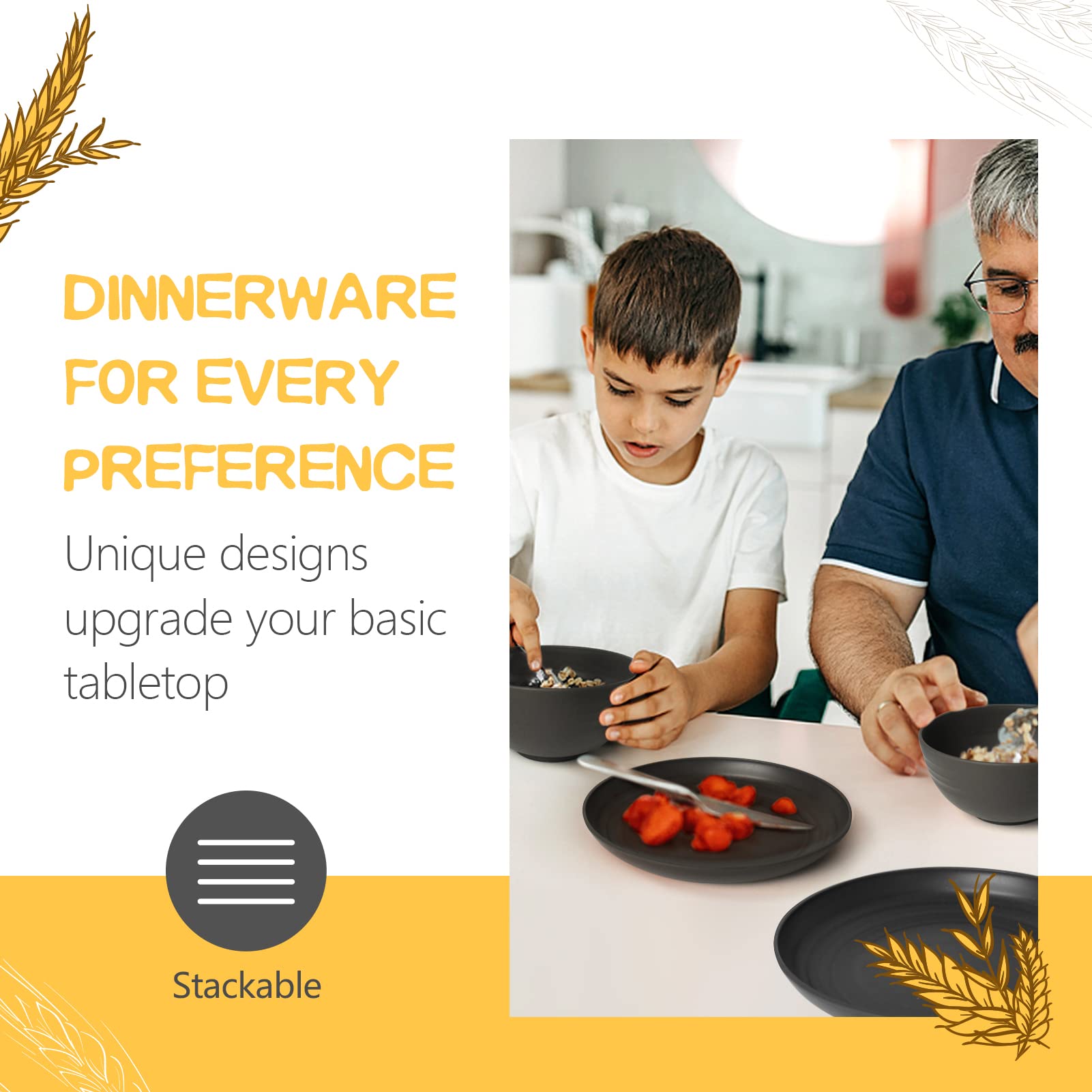 Teivio 32 Piece Kitchen Plastic Wheat Straw Dinnerware Set for 8, Dinner Plates and Bowls Set, Cups, Unbreakable Dishwasher Outdoor Camping RV Essentials Dishes, Black Vaisselle Cuisine