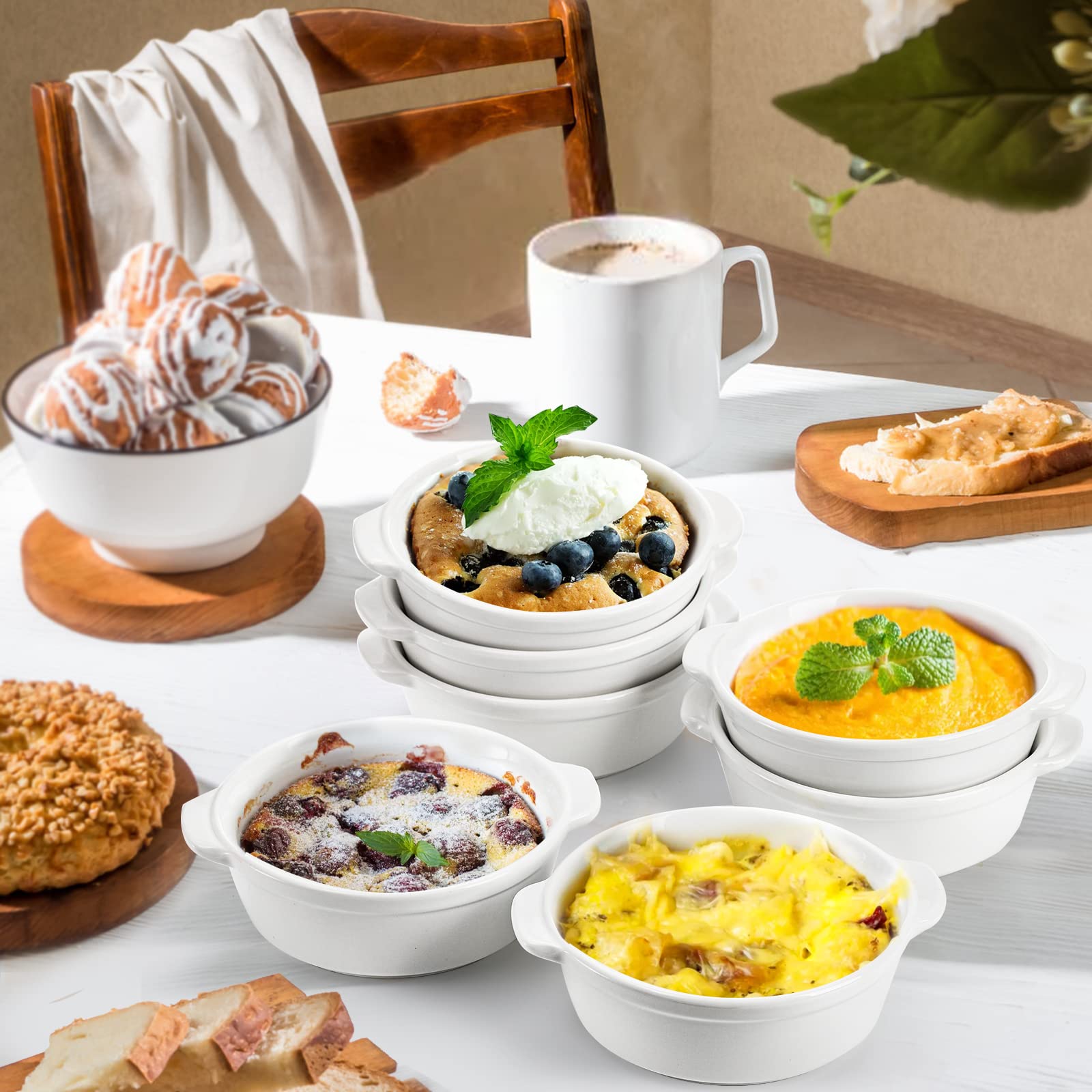 Foraineam 8 Pack 10 Ounce Porcelain Souffle Dishes with Double Handles Round Ramekins Bakeware Set for Pudding, Creme Brulee, Souffle