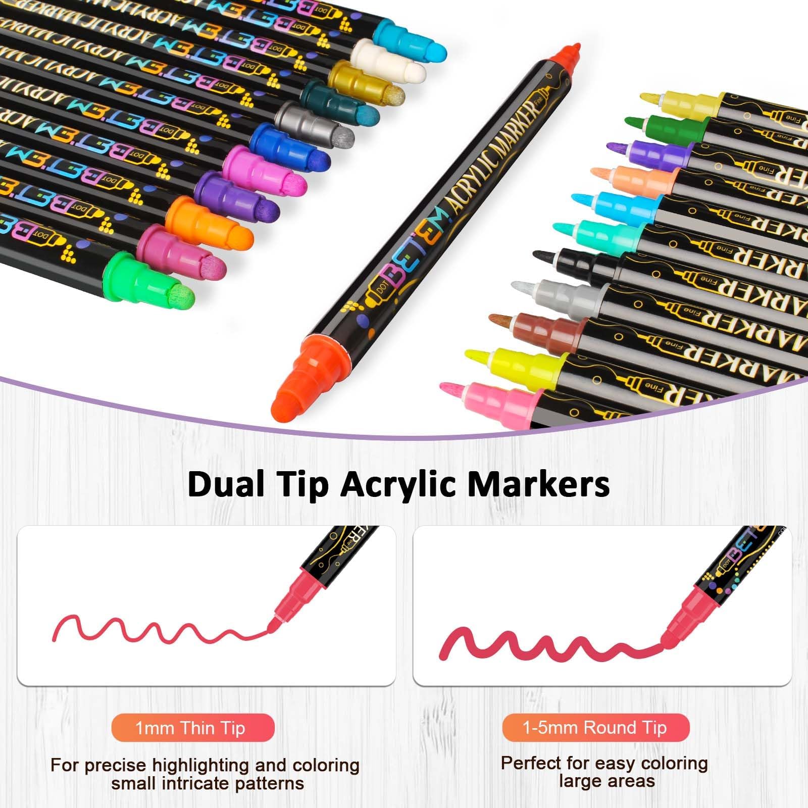 Betem 36 Colors Dual Tip Acrylic Paint Pens Markers, Fabric Decorating Kits Premium Water-Based Acrylic Paint Markers for Fabric, Rock, Wood, Glass, Eggs, Canvas, Ceramic, Easter Basket Stuffers