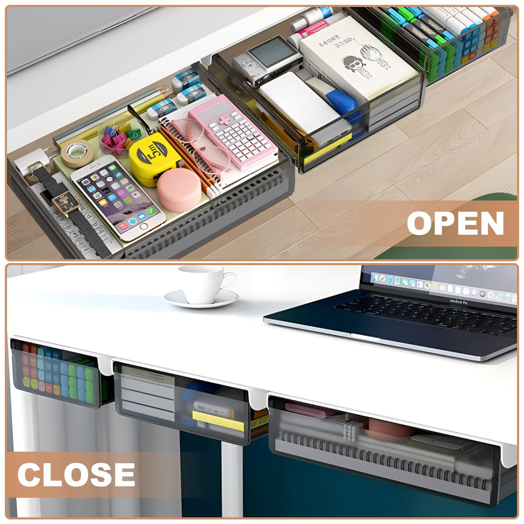 SVNNELP Under Desk Table Drawer Storage Organizer,3 Pack Large & Medium & Small Slide Out Desk Drawers - Hidden Desktop Organizer,Attachable Pencil Storage Tray Under Table(Clear Black), S+M+L