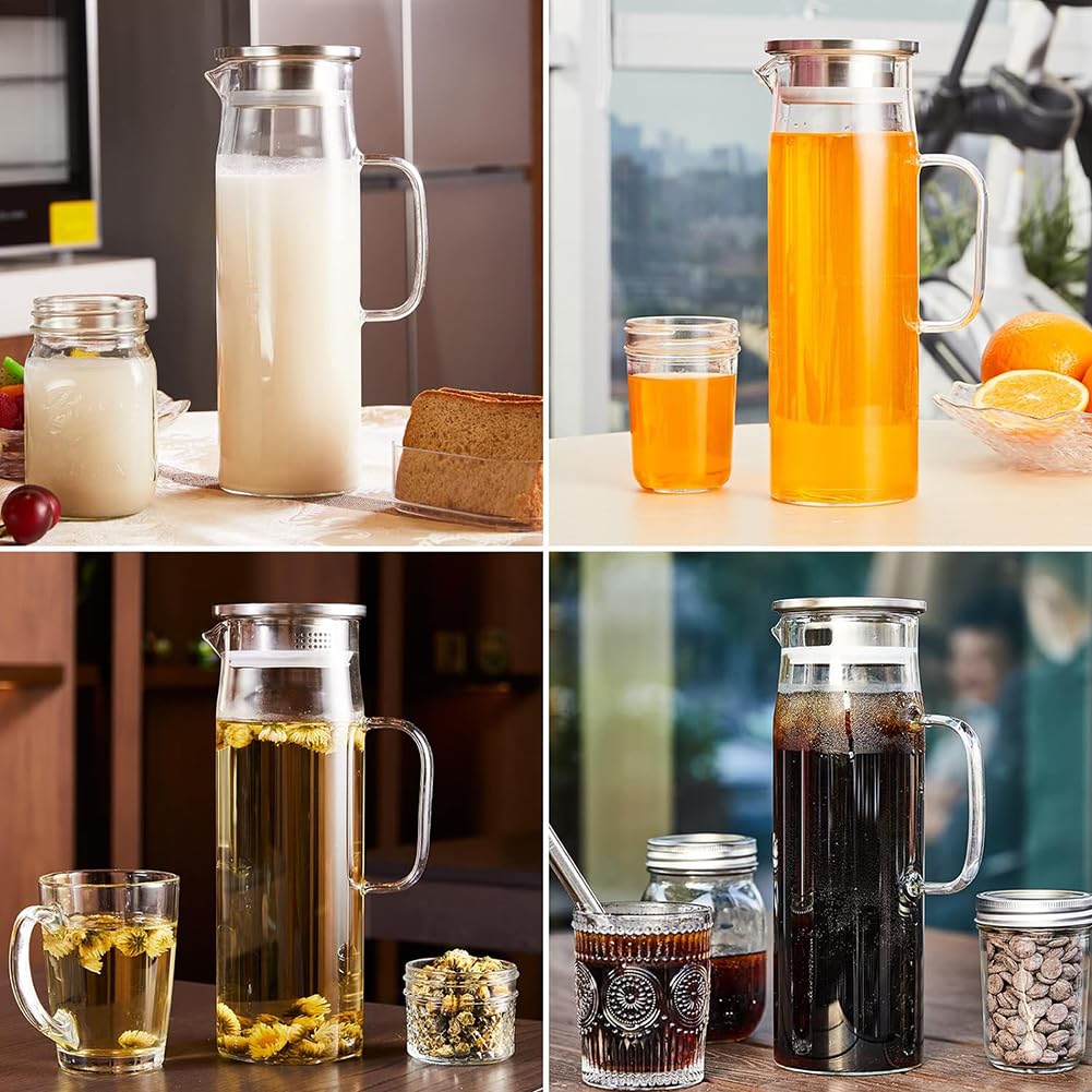 Sharemee - Glass Water Pitcher with Stainless Steel Lid, Wide Mouth with Handle, Easy Pour Spout Water Bottle Carafe Flask Glass Container, Good Heat Resistance Juice Jar Tea Infuser, 1200ml/42oz