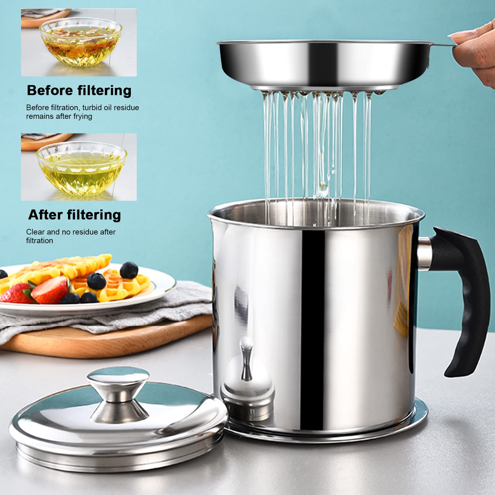 1.3L Oil Strainer Pot, Stainless Steel Bacon Grease Container with Strainer & Lid, Silver Cooking Oil Storage Can Container, Kitchen Oil Fat Storage Fat Tank Pot for Frying Oil and Cooking Grease