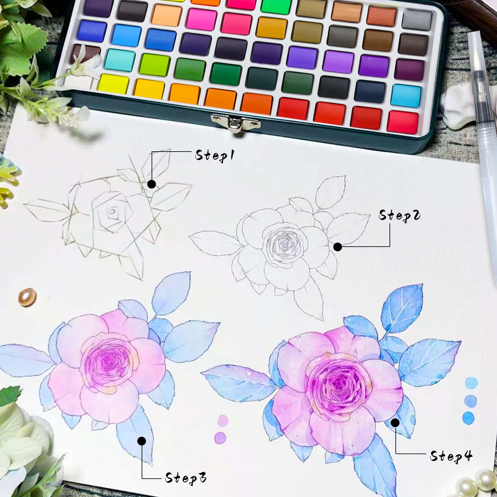 Artecho Watercolor Paint Set 50 Colors in Portable Box Including 4 Fluorescent Colors, Travel Watercolour Set with Watercolour Papers, Brushes and other Tools, Idea for Artists and Hobbyists