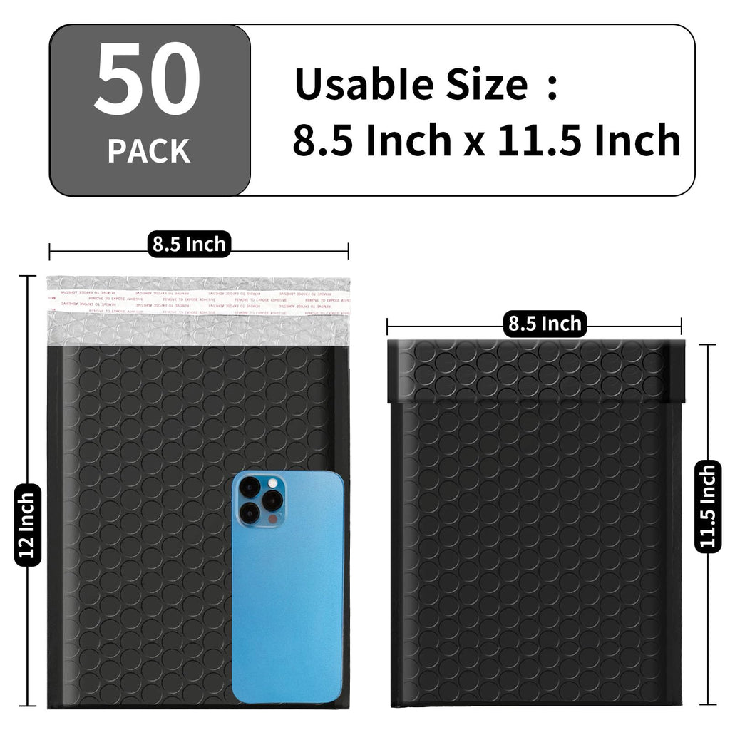 Proprobag 8.5 x 11 Bubble Mailers 50 Pack - Outer Size 9x12 Heavy Duty Black Padded Mailer with Self Seal, Waterproof Shipping Envelopes, Bubble Wrap Protection for Ecommerce, Non See Through