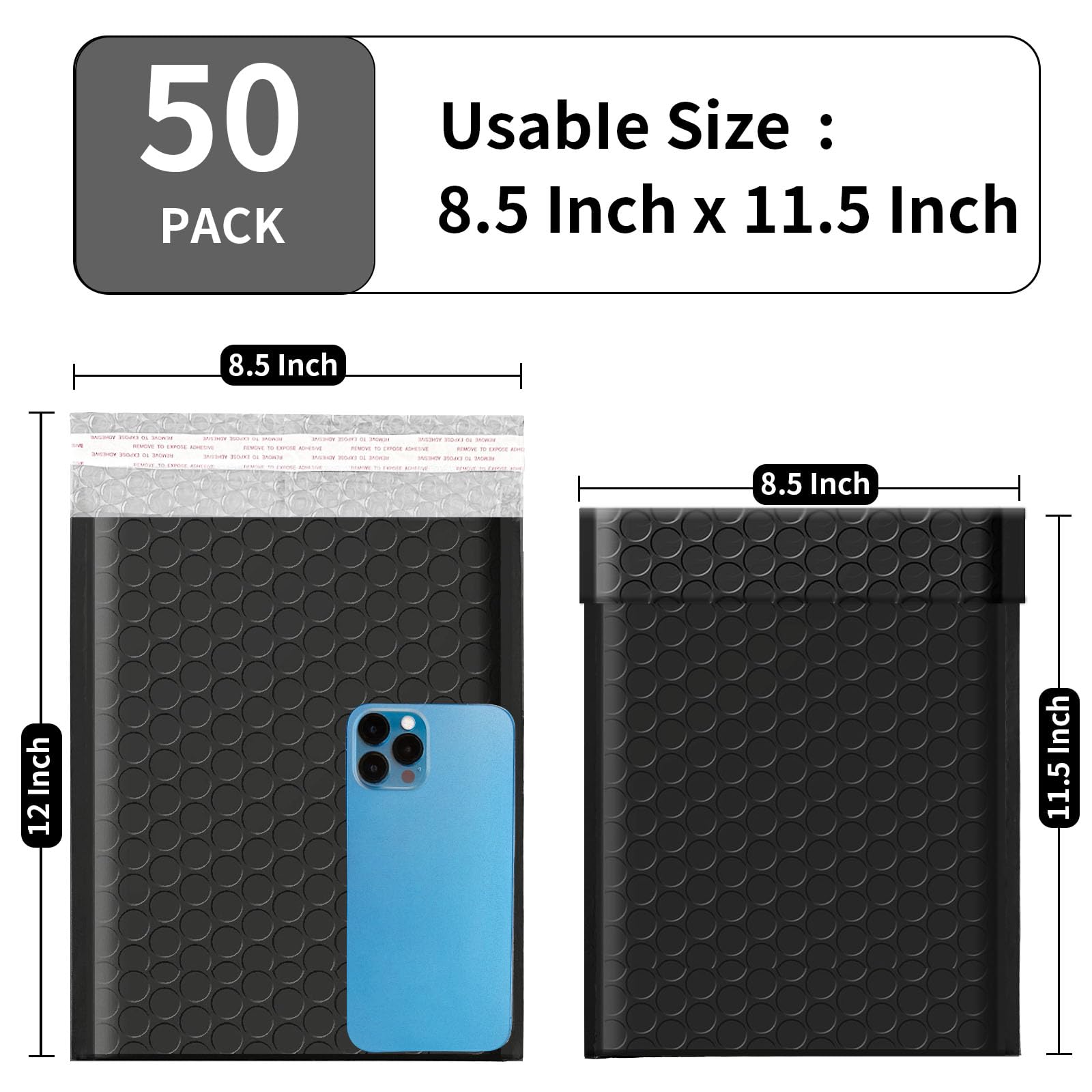 Proprobag 8.5 x 11 Bubble Mailers 50 Pack - Outer Size 9x12 Heavy Duty Black Padded Mailer with Self Seal, Waterproof Shipping Envelopes, Bubble Wrap Protection for Ecommerce, Non See Through