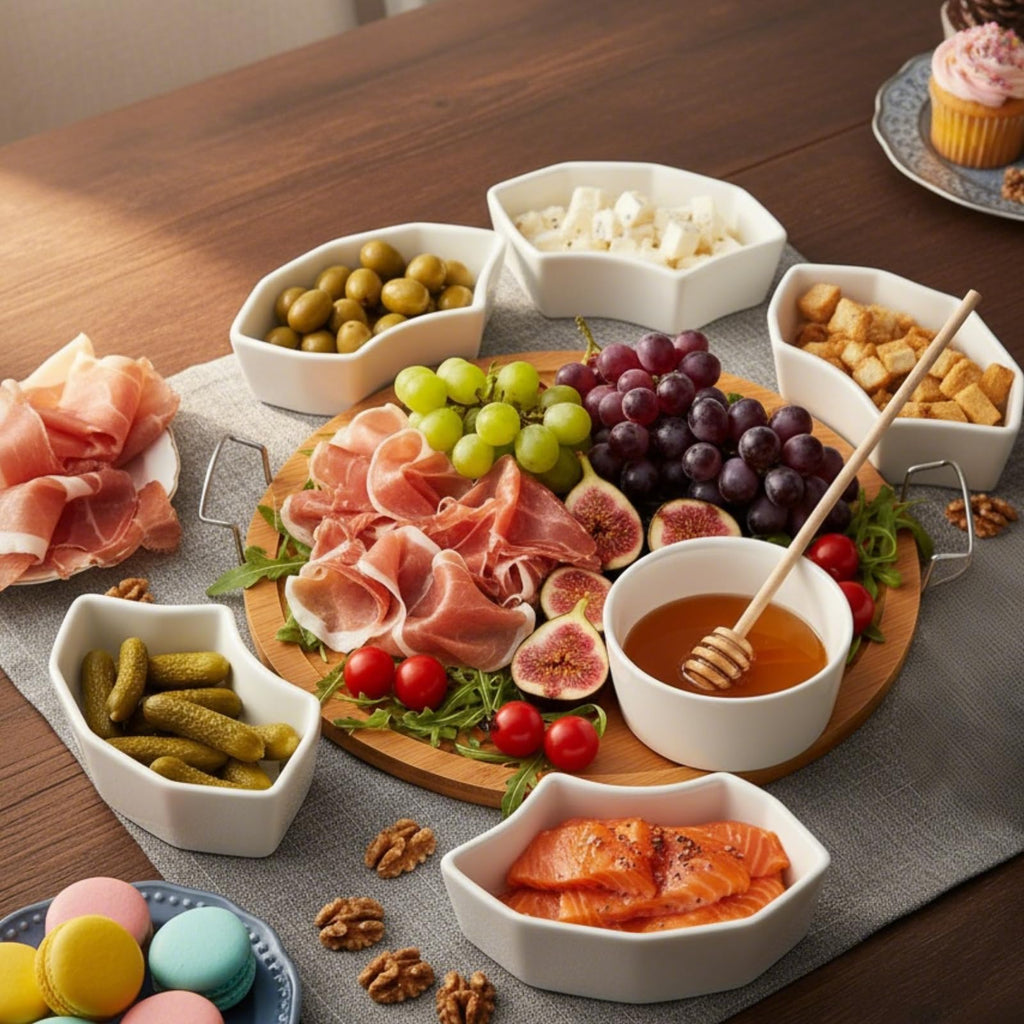 ZENFUN 11 Inch Ceramic Serving Tray and Platter, Divided Dip Bowls with Handles, 6-Compartment Removable Appetizer Snack Bowls, Round Sectional Serving Platter for Chips and Dip, Fruits, Condiment
