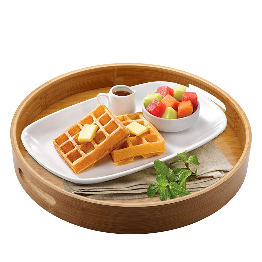 Jucoan 13.8 Inch Large Round Bamboo Serving Tray, Bamboo Wood Circle Tray with Handles, Round Ottoman Food Tray for Serving Breakfast, Drinks, Snack on Home Dining Table