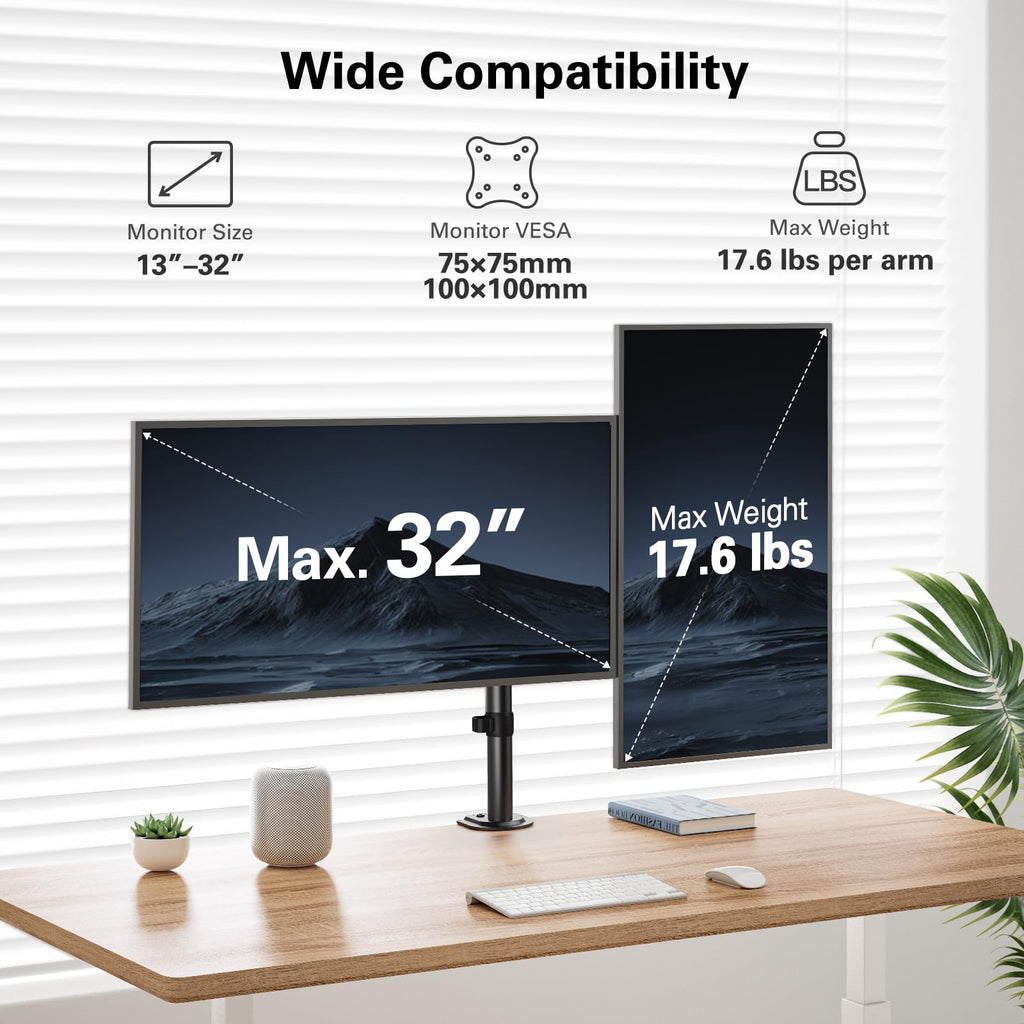HUANUO Dual Monitor Stand for 13-30 Inch Screens | 22lbs Per Arm| 75x75mm & 100x100mm VESA | C-Clamp & Grommet Mount | Includes Cable Management & USB Support