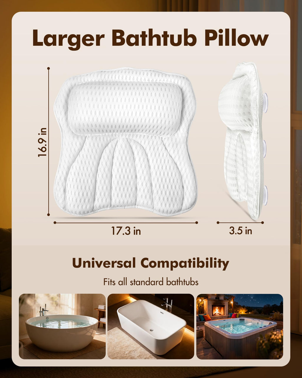 AOPOW Ergonomic Luxury Bath Pillow: Large Area 5D Air Mesh Comfortable Bathtub Pillow - 6 Non-Slip Suction Headrest Cushion with Head Neck Shoulder and Back Support for Women Men Gift Home Spa Hot Tub