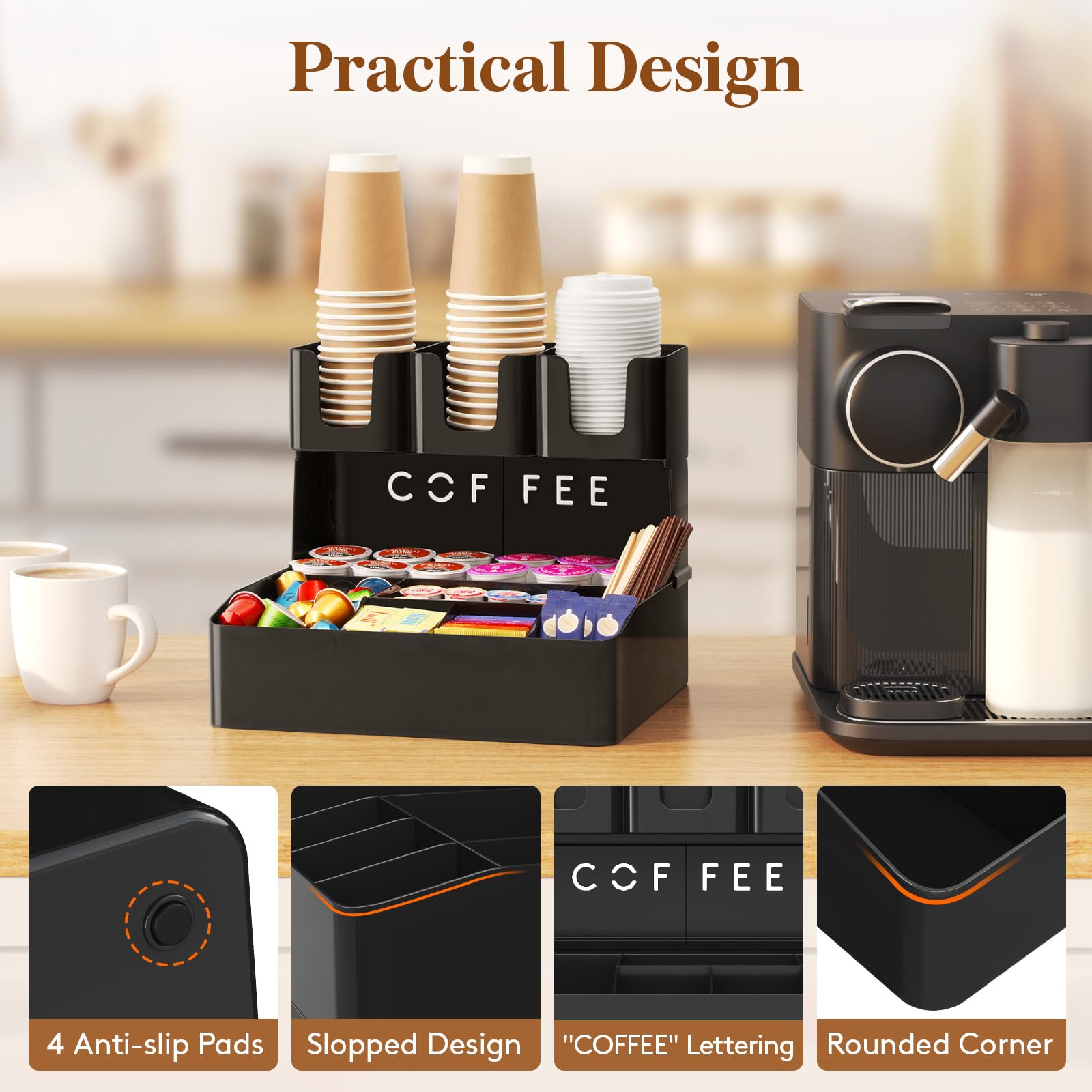 Lifewit Modern Black Coffee Bar Organizer, 10 Compartments, Countertop Coffee Station, Office Breakroom, Home Kitchen