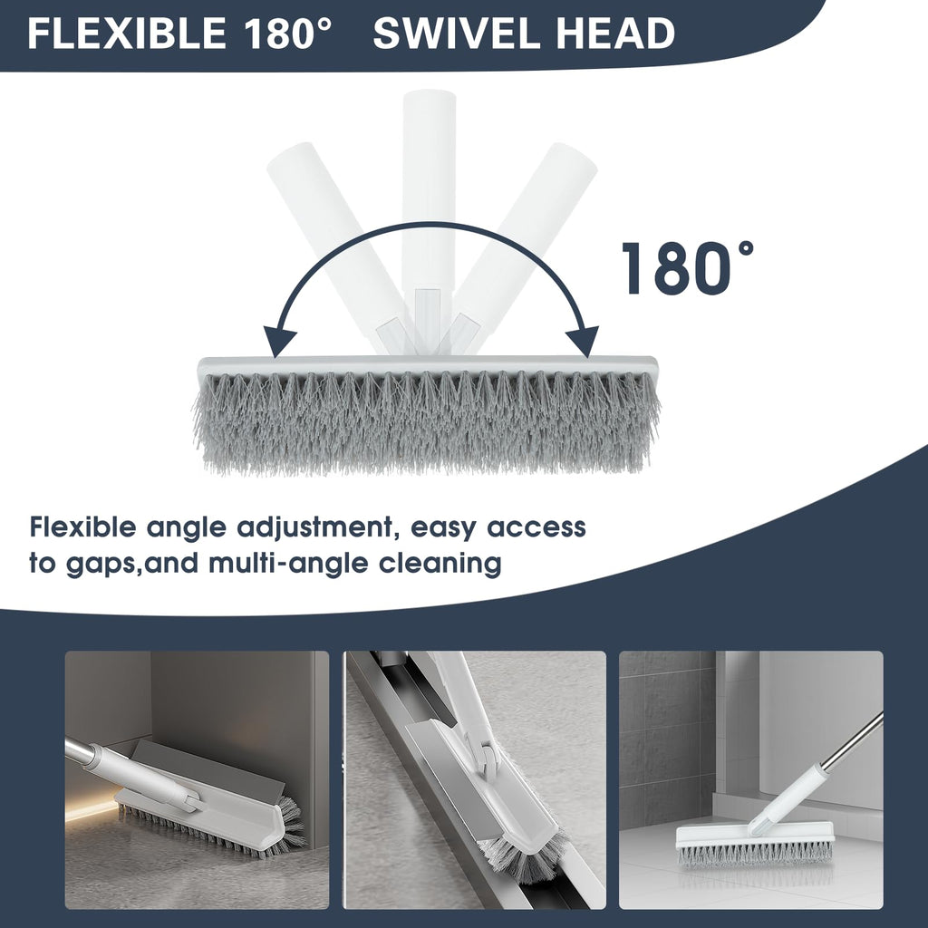 Grout Brush with Long Handle, 2 in 1 Floor Scrub Brush with Squeegee + 2 Crevice Cleaning Brushes, Tile Scrub Brush with Stiff Bristles Floor Scrubber for Cleaning Shower Corner Bathroom Tile