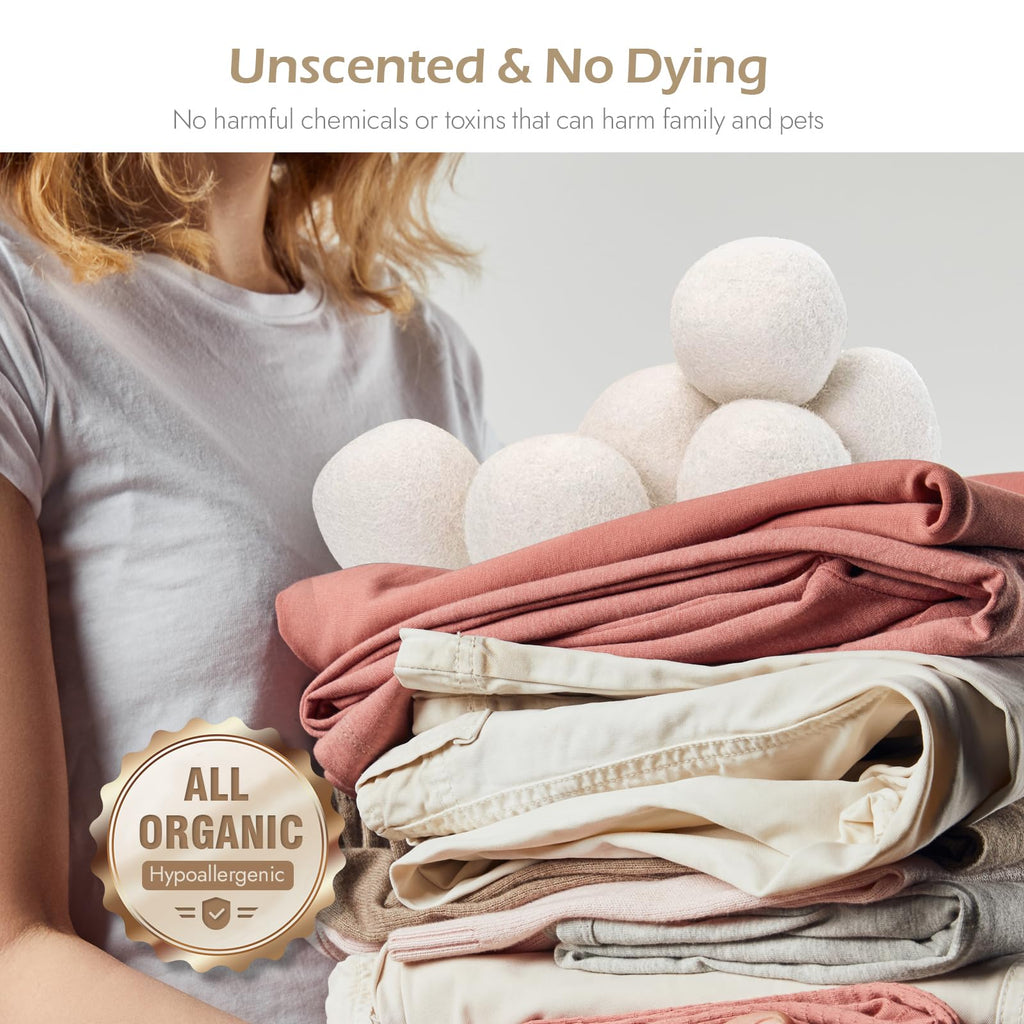 Wool Dryer Balls 6-Pack - Organic New Zealand Wool, XL Handmade Fabric Softener, Reduces Drying Time and Wrinkles, Eco-Friendly Reusable Laundry Solution