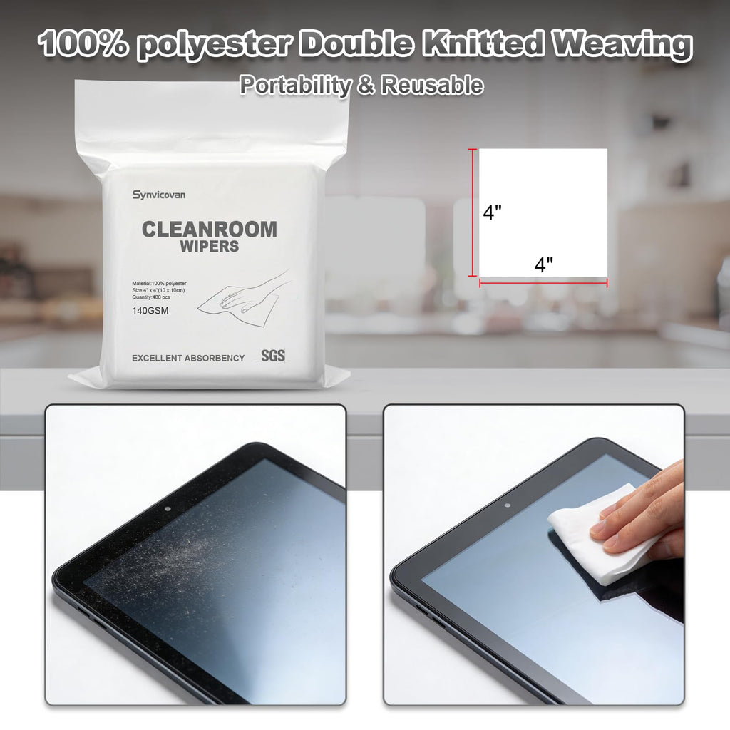 Synvicovan Cleanroom Wipers 4"x4"(400 Pcs, 100% Polyester, Class 100, 140GSM) Double Knit 100% Lint Free Cloths with Ultra-fine Filaments, Laser Sealed Edge Ultra-Soft Wipers