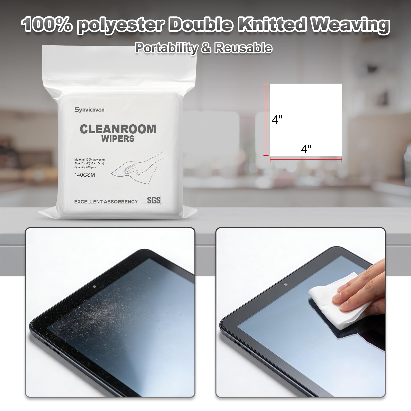 Synvicovan Cleanroom Wipers 4"x4"(400 Pcs, 100% Polyester, Class 100, 140GSM) Double Knit 100% Lint Free Cloths with Ultra-fine Filaments, Laser Sealed Edge Ultra-Soft Wipers
