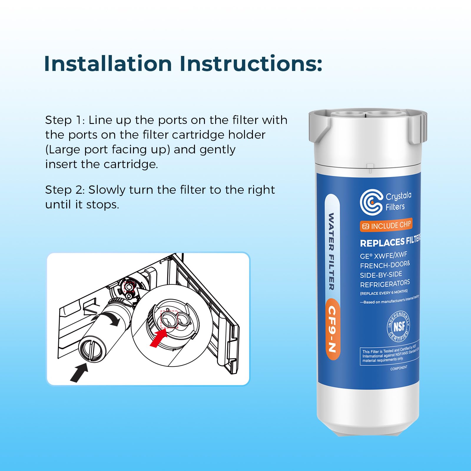 Crystala Filters Water Filter Compatible with XWFE (Built-in CHIP), Replacement for GE XWFE, XWF Refrigerator Water Filter, Pack of 1
