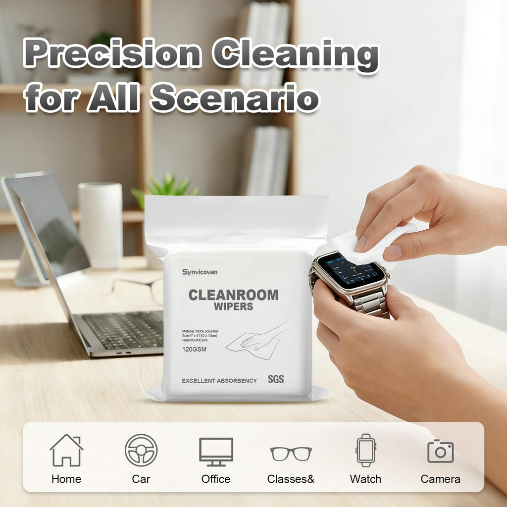 Synvicovan Cleanroom Wipers 4"x4"(400 Pcs, 100% Polyester, Class 100, 120GSM) Double Knit 100% Lint Free Cloths with Ultra-fine Filaments, Laser Sealed Edge Ultra-Soft Wipers