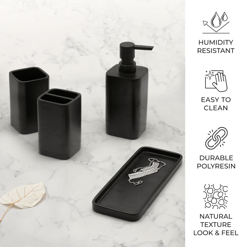 zccz Black Matte Bathroom Accessory Set - Bathroom Set with Toothbrush Holder, Soap Dispenser, Tumbler and Tray - Bathroom Soap Dispenser Set - Accessoire Salle de Bain - Black Bathroom Accessories