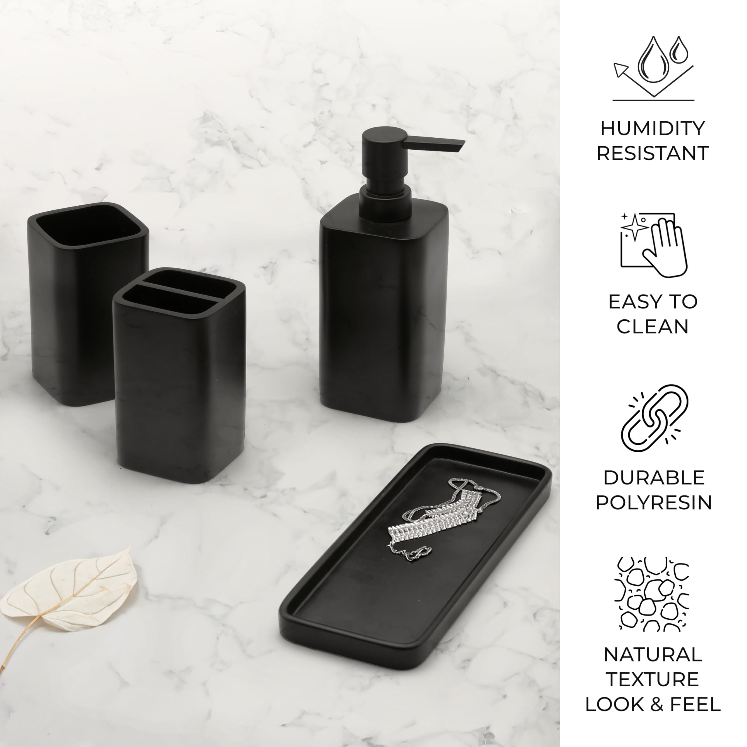 zccz Black Matte Bathroom Accessory Set - Bathroom Set with Toothbrush Holder, Soap Dispenser, Tumbler and Tray - Bathroom Soap Dispenser Set - Accessoire Salle de Bain - Black Bathroom Accessories