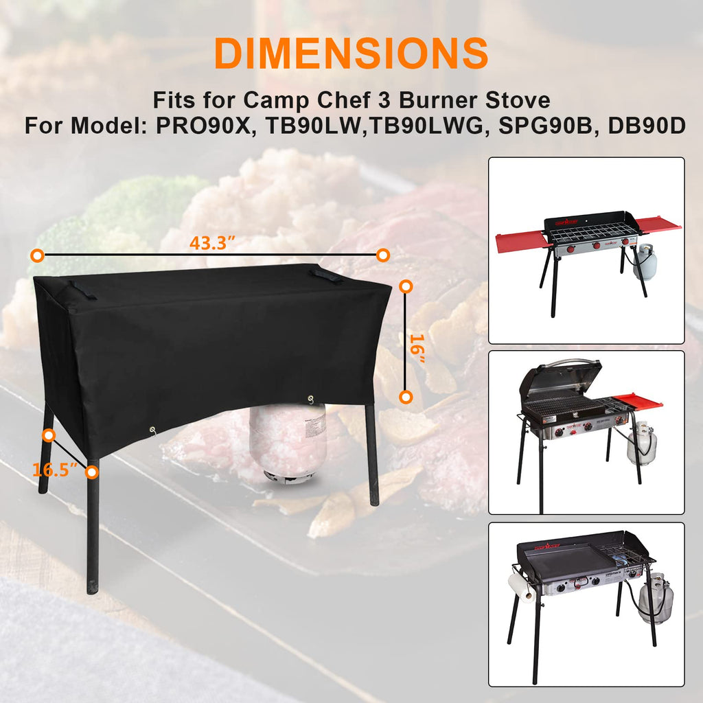 Grisun Patio Cover for Camp Chef 3 Burner Stoves, Waterproof Anti-Fade 3 Burner Stove Cover for PRO90, PRO90X, SPG90B, TB90LW, TB90LWG, TB90LWG15, DB90D, Handles for Easy Lifting, 600D Fabric, Black
