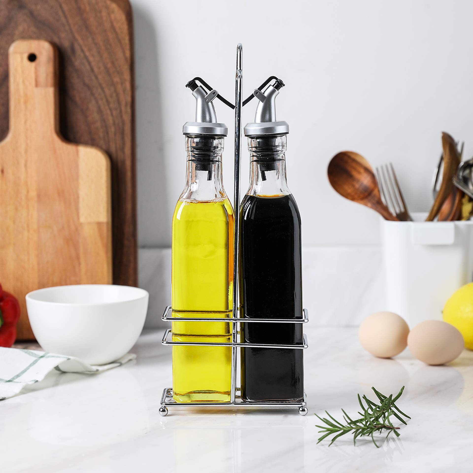 Gala Houseware Oil Dispenser and Vinegar Dispenser Set with Chrome Plated Rack Stand, 2 Piece Olive Oil Dispenser Bottles, Soy Sauce Dispenser Glass Bottles with Drip-Free Pourers,