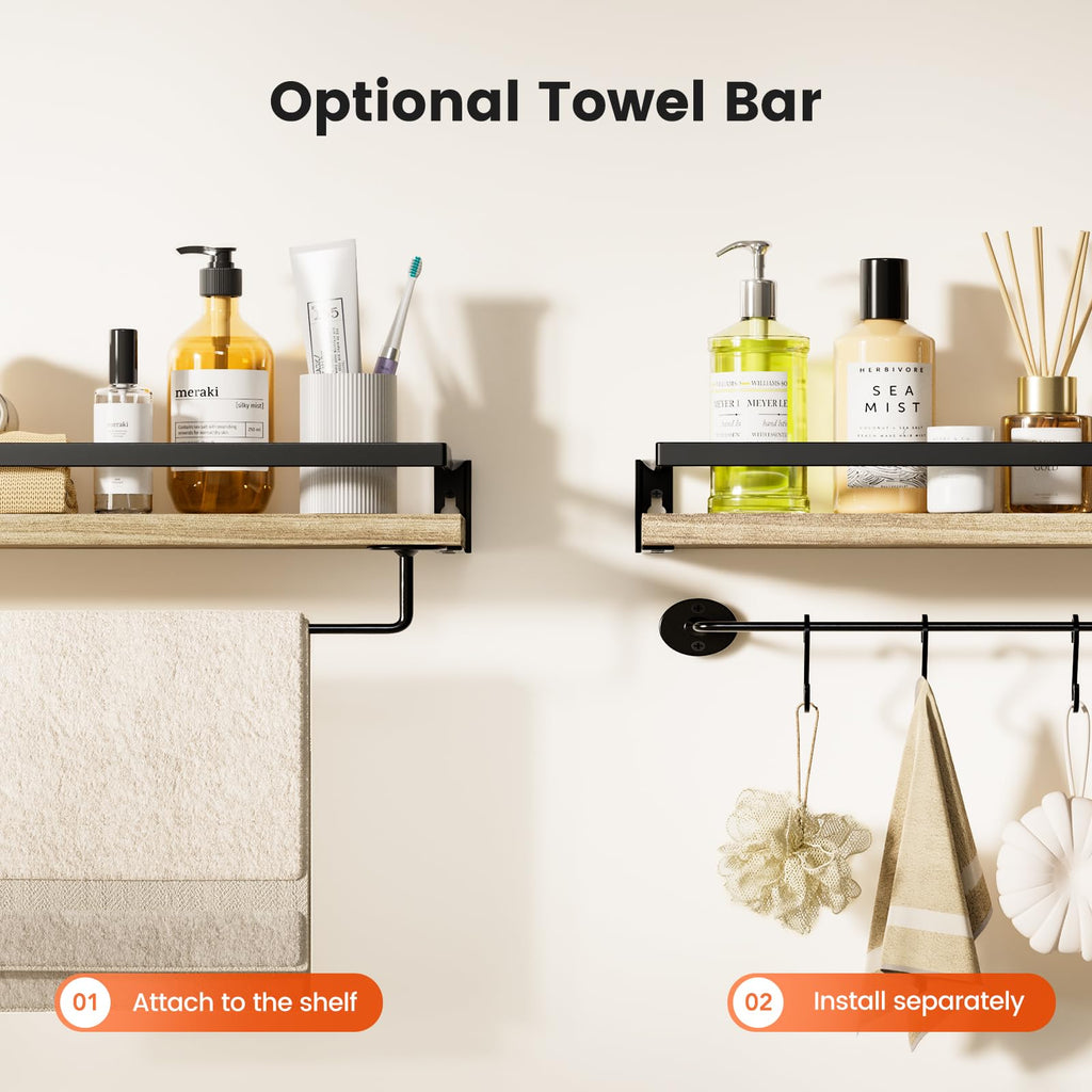 AMADA HOMEFURNISHING Rustic Floating Shelves Wall Mounted, Solid Metal with Removable Towel Holder, Wall Shelf Set of 2, 18kg Weight Capability, Storage Shelves for Kitchen, Bathroom,Laundry room etc