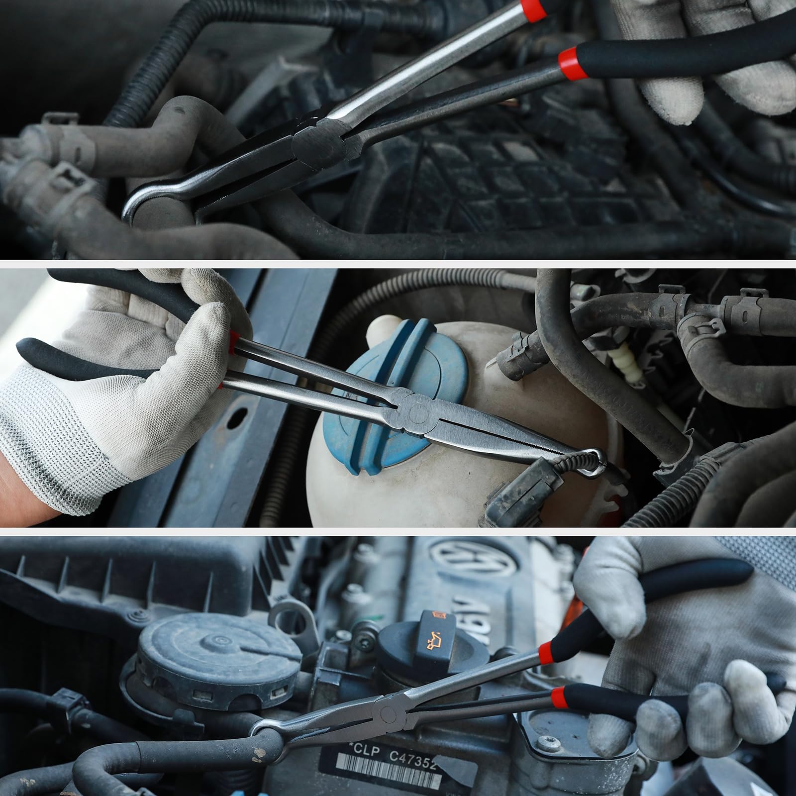 Mayouko 3PCS 11" Long Reach Hose Grip Pliers Set, 5/16 Inch, 1/2 Inch, 3/4 Inch Ring Nose Hose Gripper Pliers Kit, Carbon Steel Offset Spark Plug Boot Removal Pliers for Narrow Space
