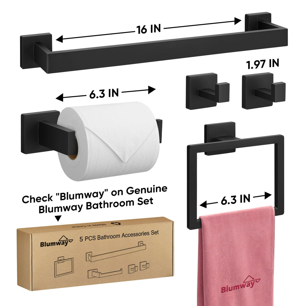 BlumWay 5-Pieces Matte Black Bathroom Accessories Set, 16 Inch Bathroom Hardware Set, SUS304 Stainless Steel Bath Towel Bar, Toilet Paper Holder,Towel Racks for Bathroom Wall Mounted