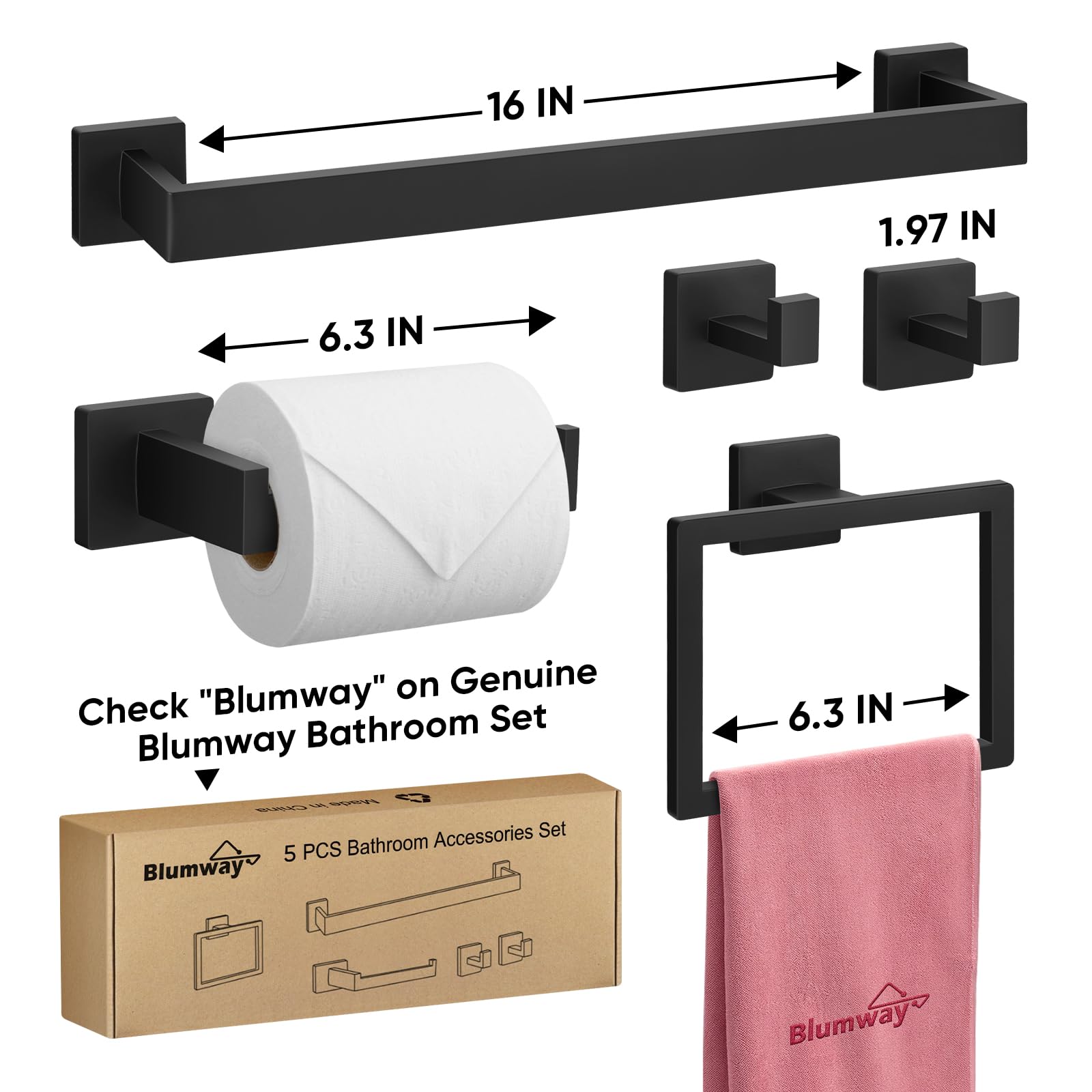 BlumWay 5-Pieces Matte Black Bathroom Accessories Set, 16 Inch Bathroom Hardware Set, SUS304 Stainless Steel Bath Towel Bar, Toilet Paper Holder,Towel Racks for Bathroom Wall Mounted