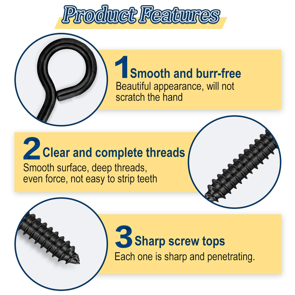 Vifmy Screw Eyes Assortment Kit(195Pcs),0.75" 0.78" 0.90" 1" 1.1" 1.18" 1.39" 1.57" 1.75" Zinc Plated Eyelet Screws,Metal Small Tapping Screw Hooks Ring,Black