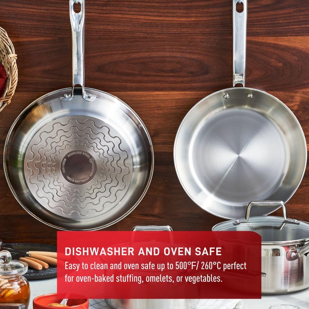 T-FAL Stainless, Frypan Skillet,30 cm, Premium Grade 18/10 Stainless Steel, Encapsulated Base, with Interior Measuring Marks, Induction Safe, Oven-Safe up to 500˚F, Silver