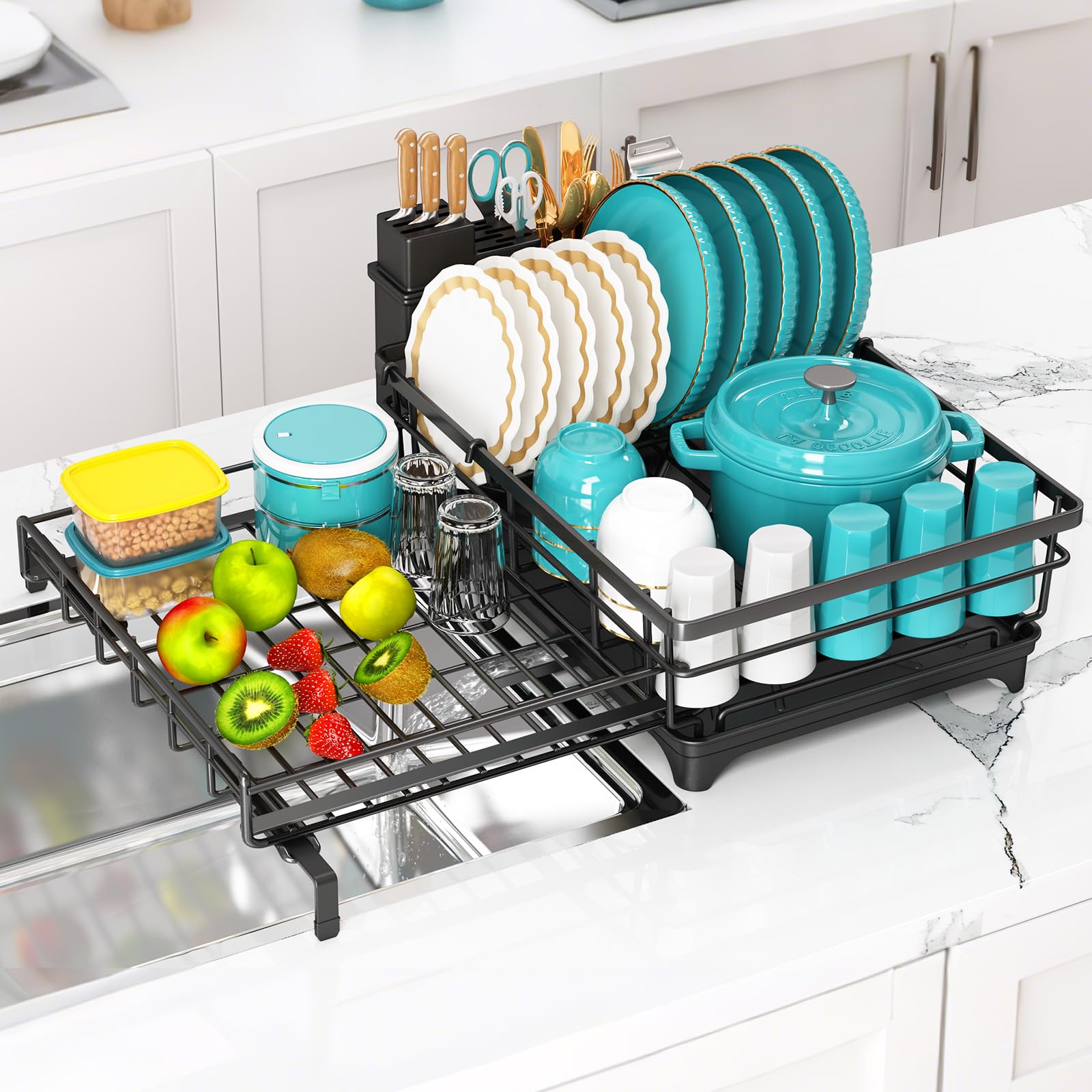 Large Dish Drying Rack,Expandable Dish Rack for Kitchen Counter,Dish Racks with Drain Board and Cutlery Holder,Kitchen Organizers and Storage,Black